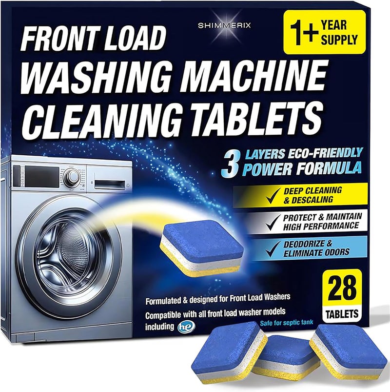 SHIMMERIX Washing Machine Cleaner Descaler 28 Pack - Designed for Front Loader Washer - Deep Cleaning Tablets For HE, Septic Safe Eco-Friendly Deodorizer, Clean Inside Drum & Laundry Tub Seal - 14 Month Supply - Image 1